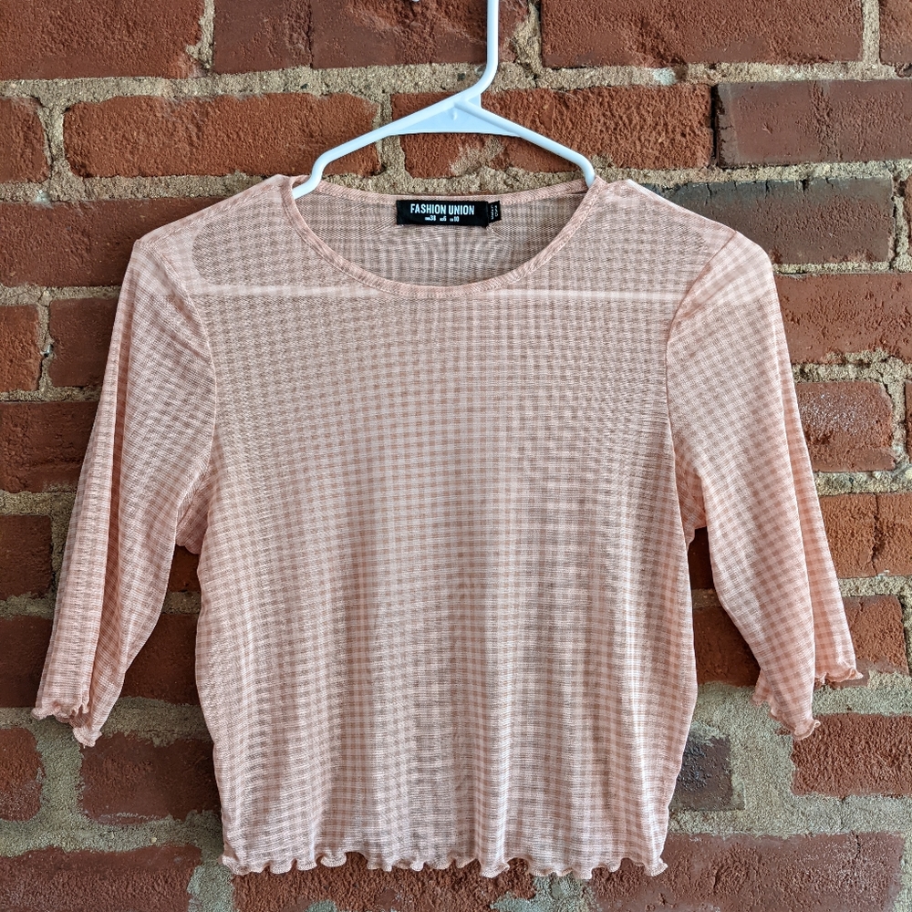 Mesh checkered 3/4 sleeve shirt